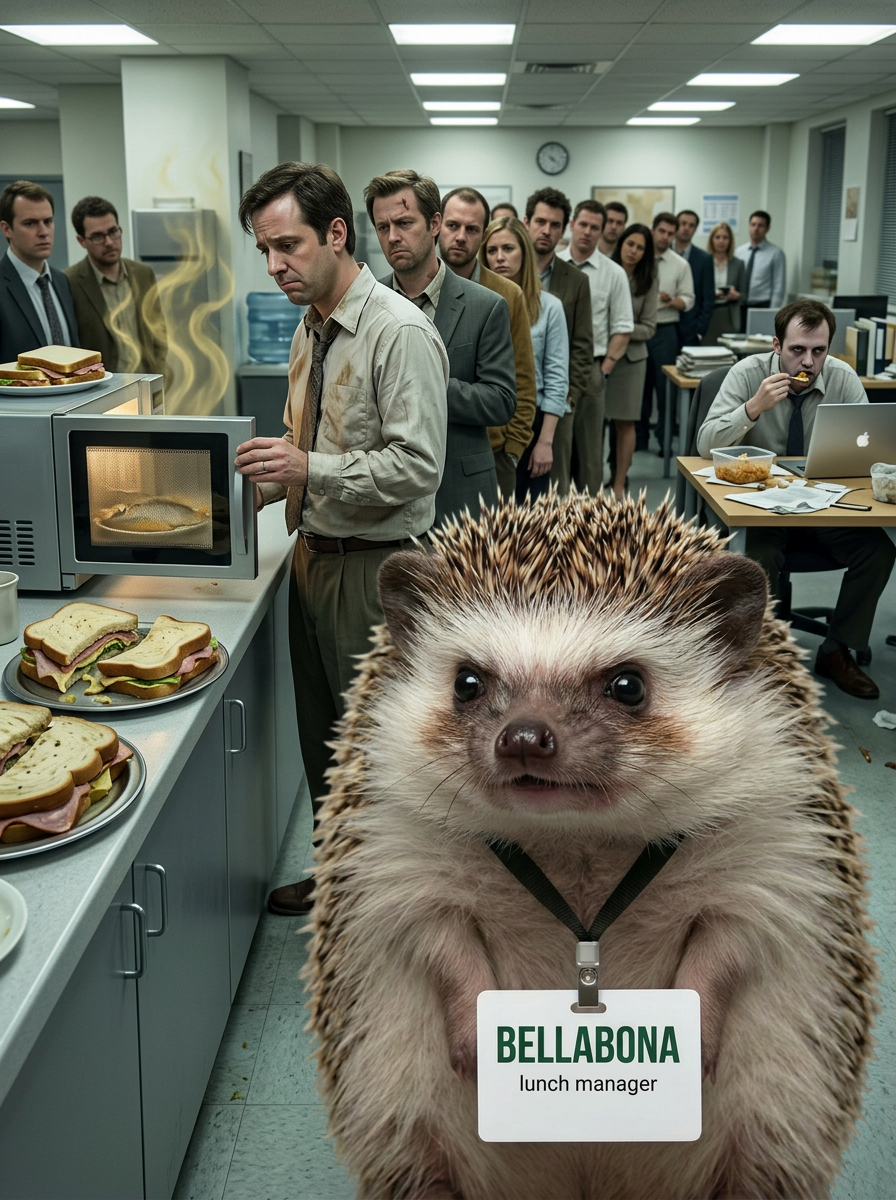 Chaotic office lunch with Günther looking concerned