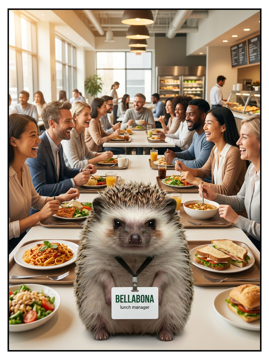 A happy office lunch scene with Günther watching proudly